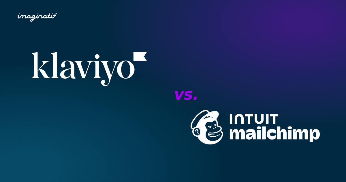 Klaviyo and Mailchimp logos side by side on a Prussian Blue background, with a Veronica purple VS badge between them